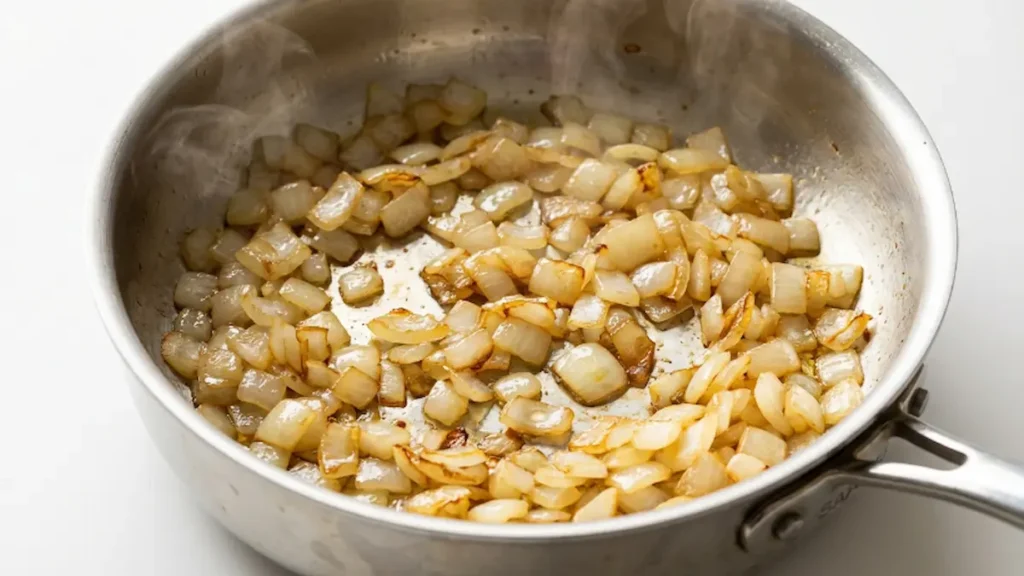 Sauteing diced onion and garlic for classic meatloaf recipe