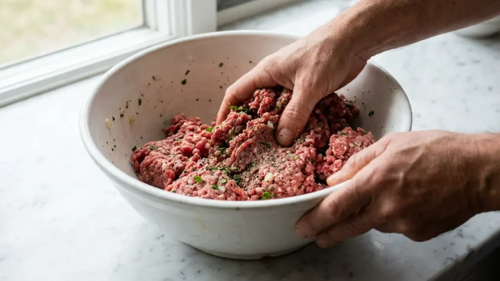 Mixing classic meatloaf ingredients by hand in a large bowl