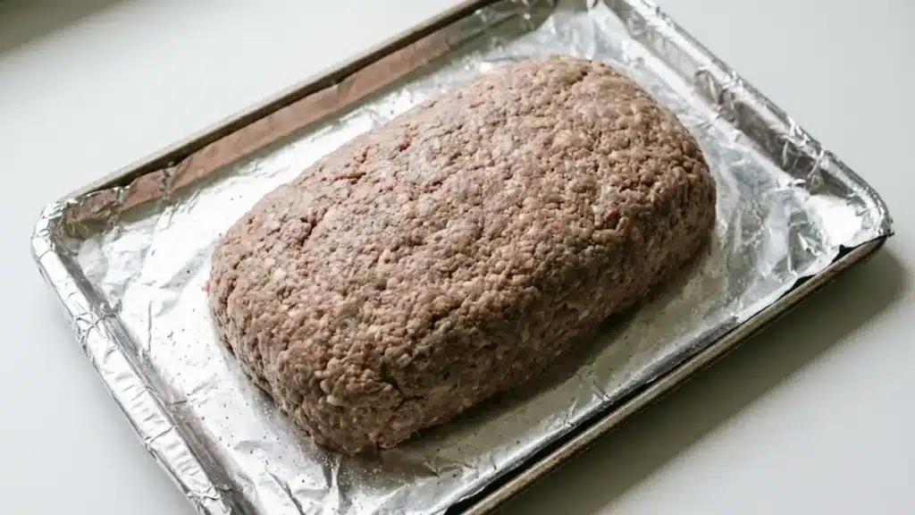 Raw shaped classic meatloaf on sheet pan ready to bake