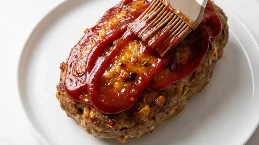 Applying ketchup brown sugar glaze to classic meatloaf in final bake stage