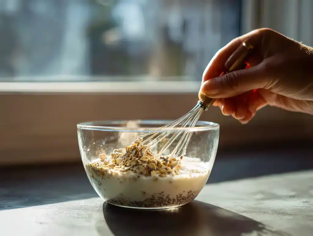 whisking milk yogurt chia and oats for pioneer woman overnight oats