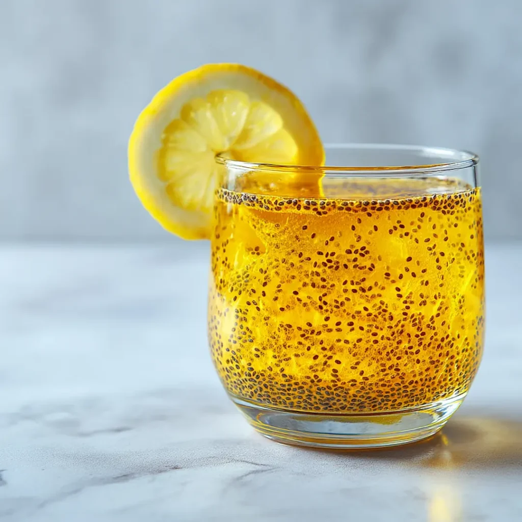 natural-saxenda-recipe-detail-tonic Natural saxenda recipe tonic close-up chia seeds suspended in golden turmeric liquid clear glass