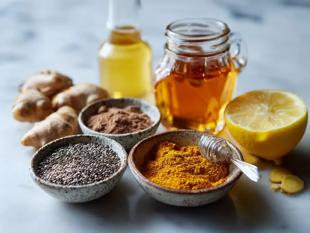 natural-saxenda-recipe-ingredients Natural saxenda recipe ingredients turmeric ginger cinnamon chia seeds apple cider vinegar lemon on marble