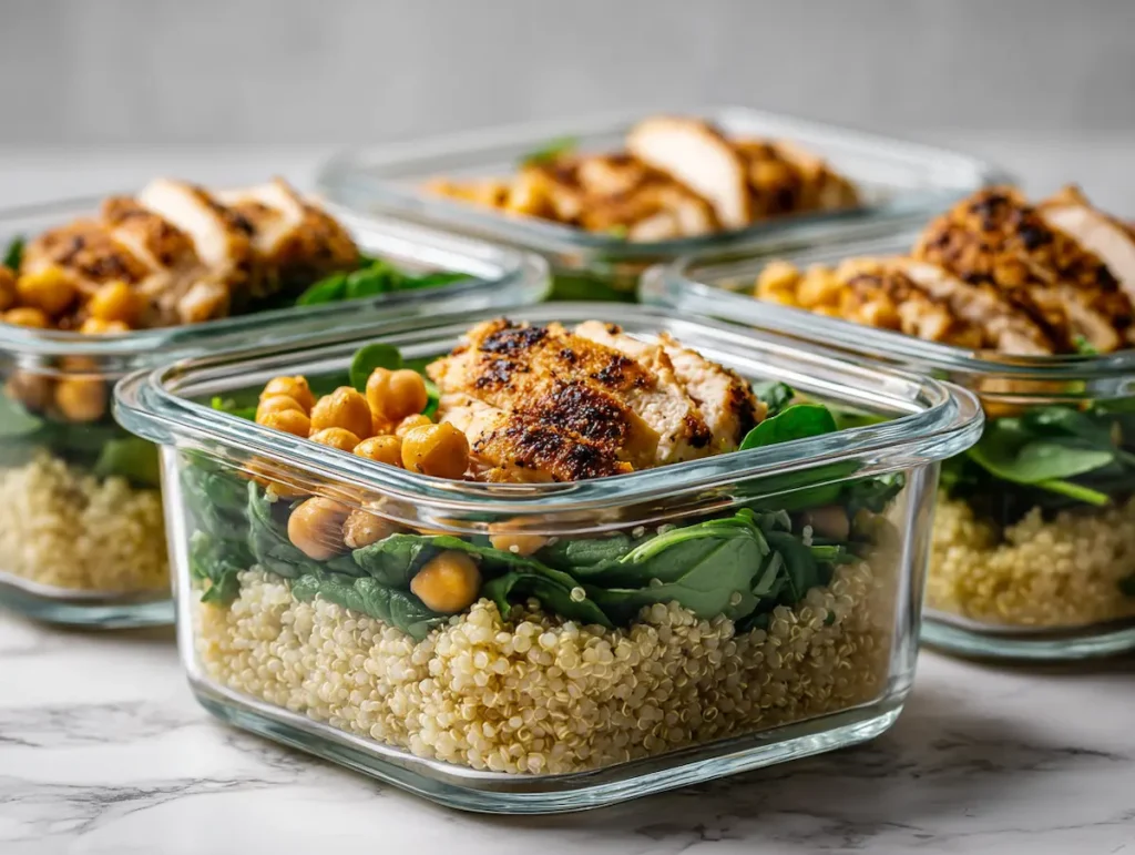 natural-saxenda-recipe-meal-prep Natural saxenda recipe weekly meal prep containers with quinoa chickpeas spinach salmon on white surface