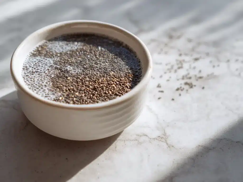 natural-saxenda-recipe-step1 Natural saxenda recipe chia seeds soaking in water forming gel in small white bowl