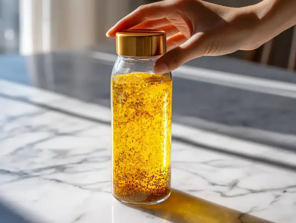 natural-saxenda-recipe-step2-blend Natural saxenda recipe morning tonic being blended in glass shaker bottle on white marble