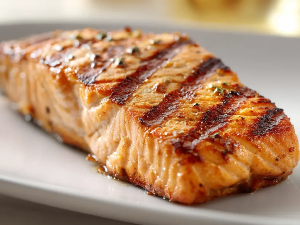 natural-saxenda-recipe-step3 Natural saxenda recipe grilled salmon fillet sliced on white ceramic plate crispy edge golden crust