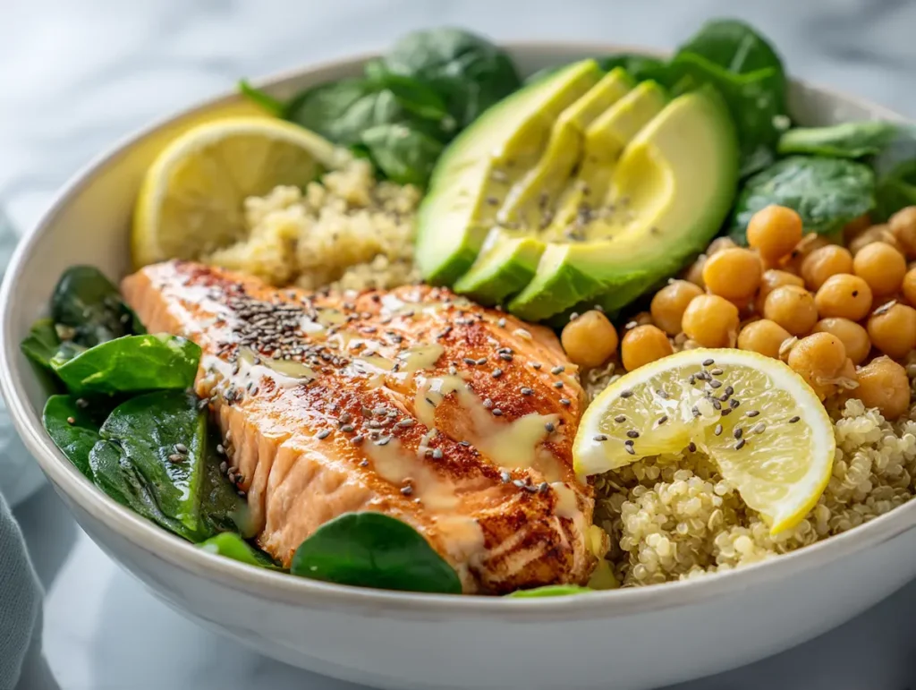 natural-saxenda-recipe-step4-bowl Natural saxenda recipe GLP-1 lunch bowl with salmon quinoa chickpeas spinach avocado olive oil drizzle