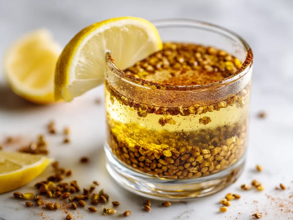 natural-saxenda-recipe-step5 Natural saxenda recipe fenugreek drink in small glass with lemon slice soaked seeds cinnamon on marble