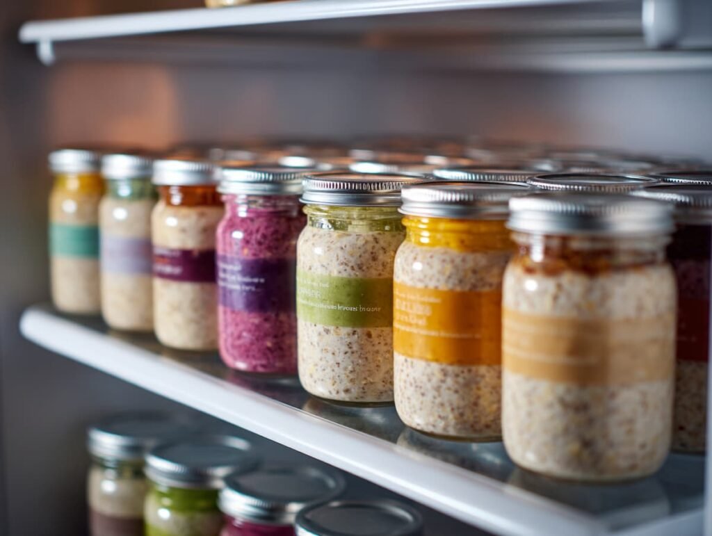 meal prep pioneer woman overnight oats jars lined up in fridge