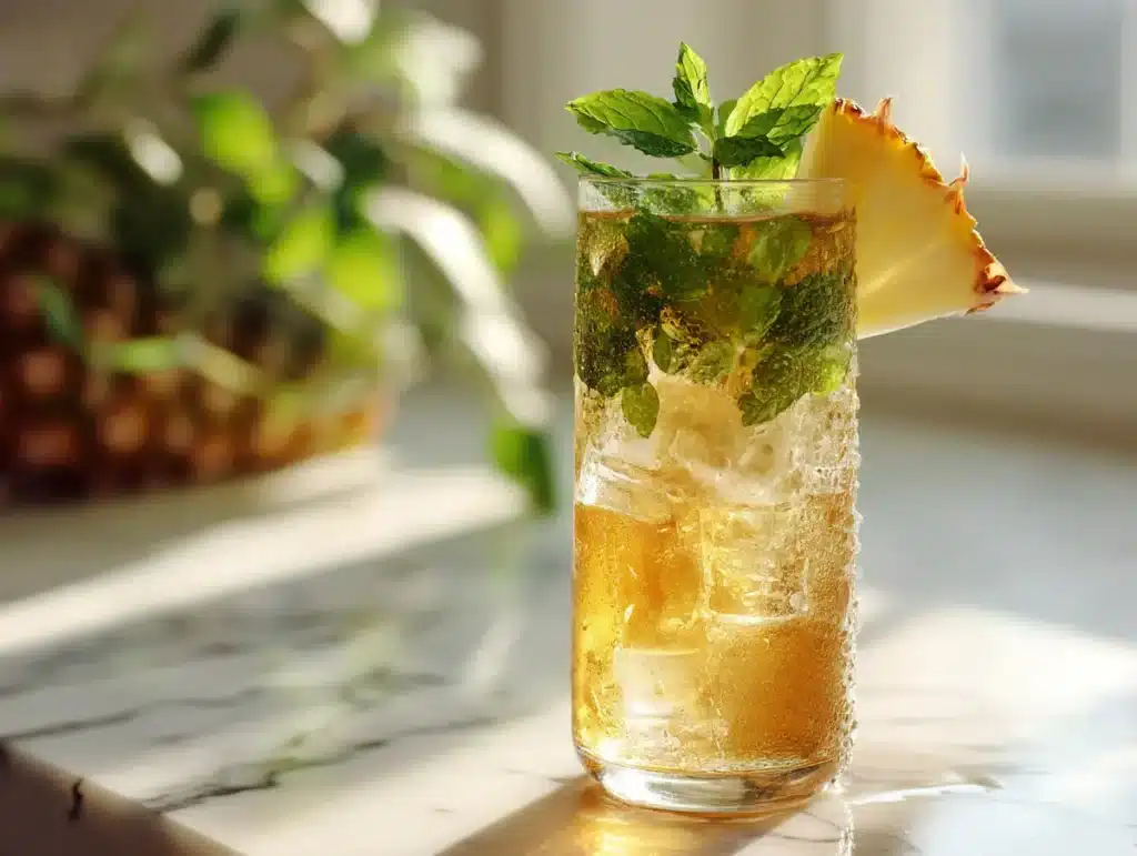 Hot serving of pineapple skin ginger mint tea in clear ceramic mug with fresh mint and lemon