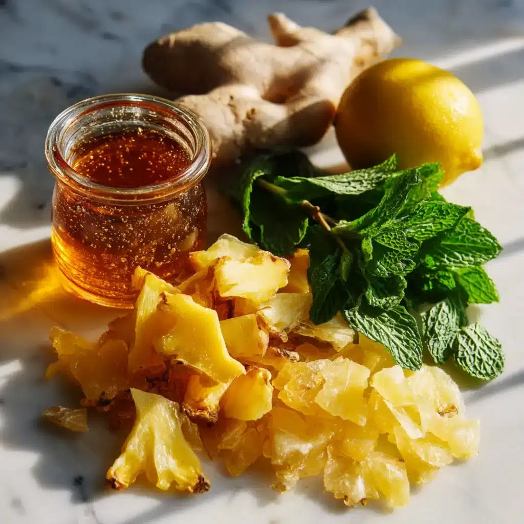 Pineapple skin ginger mint tea ingredients on white marble including pineapple peel ginger fresh mint and lemon