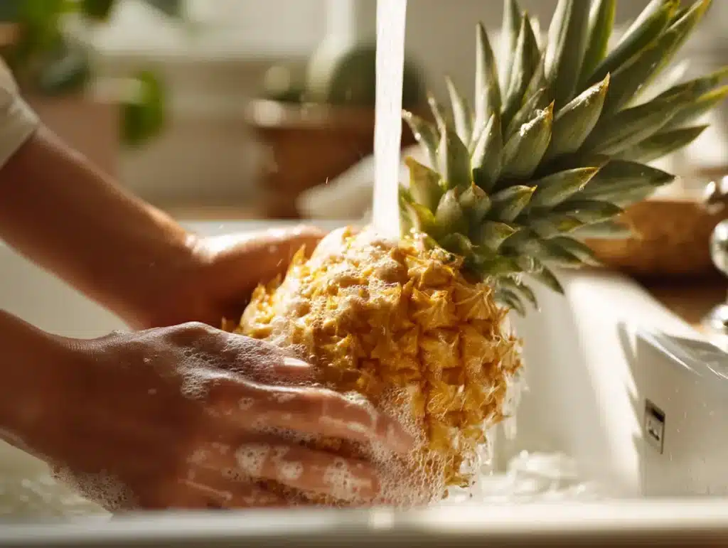 Washing fresh pineapple skin under running water before making pineapple skin ginger mint tea