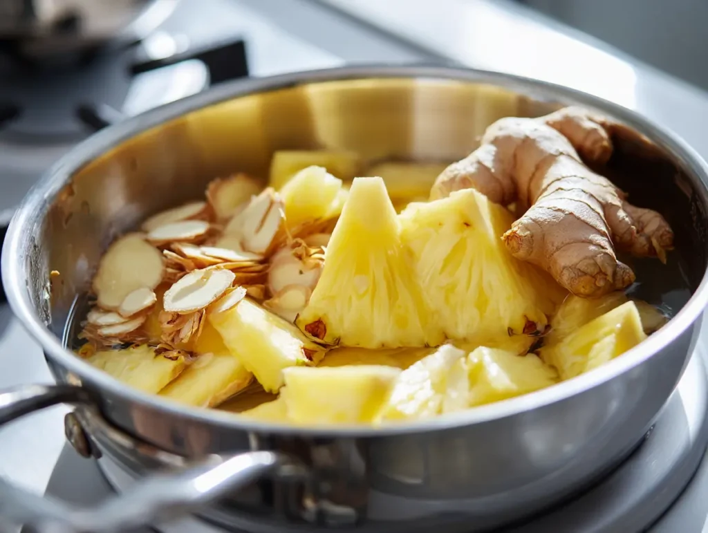 Pineapple skin core and ginger coins in pot with cold water for pineapple skin ginger mint tea step 2