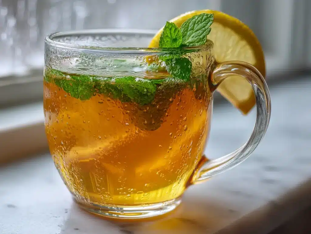 Fresh mint leaves being added to hot pineapple skin tea off heat for pineapple skin ginger mint tea step 4