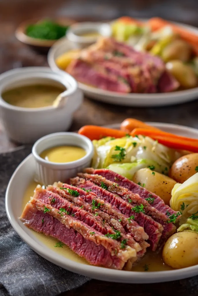 corned beef and cabbage recipe plated with potatoes on white plates