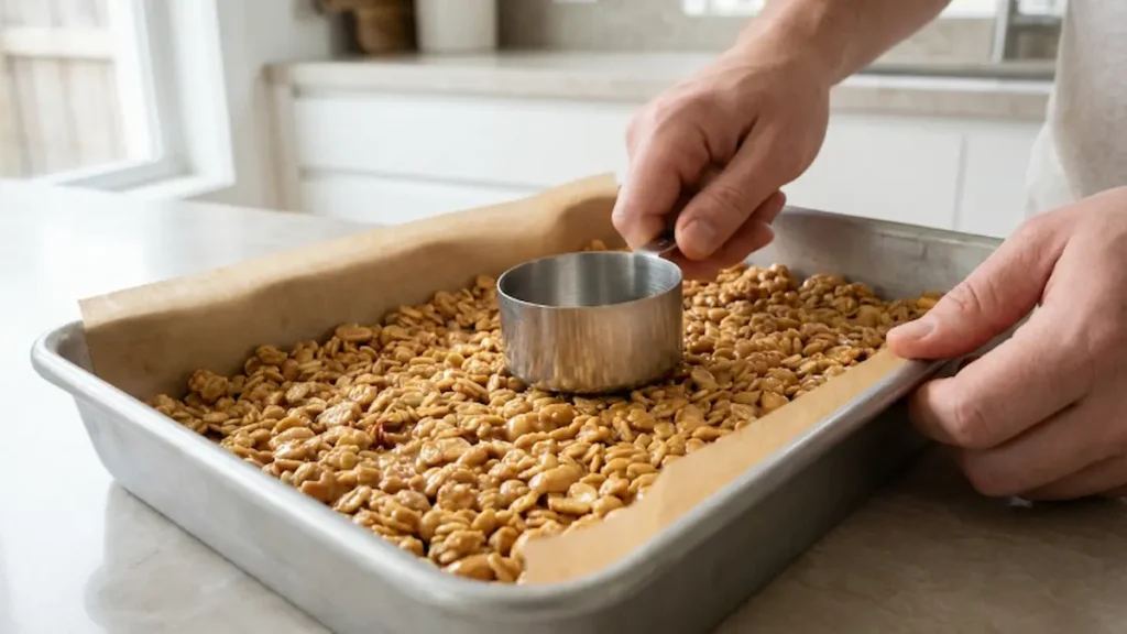 Pressing cereal bar recipe mixture firmly into a lined pan with a flat spatula.