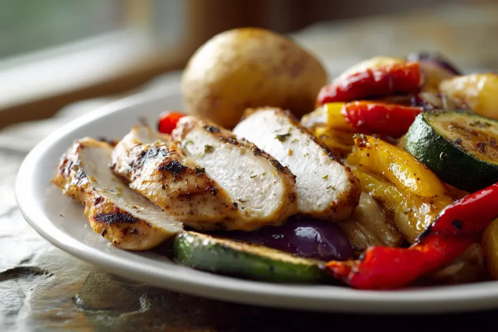 Close-up of a balanced plate with protein, vegetables and a small baked potato to help quiet food noise.