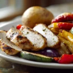 Close-up of a balanced plate with protein, vegetables and a small baked potato to help quiet food noise.