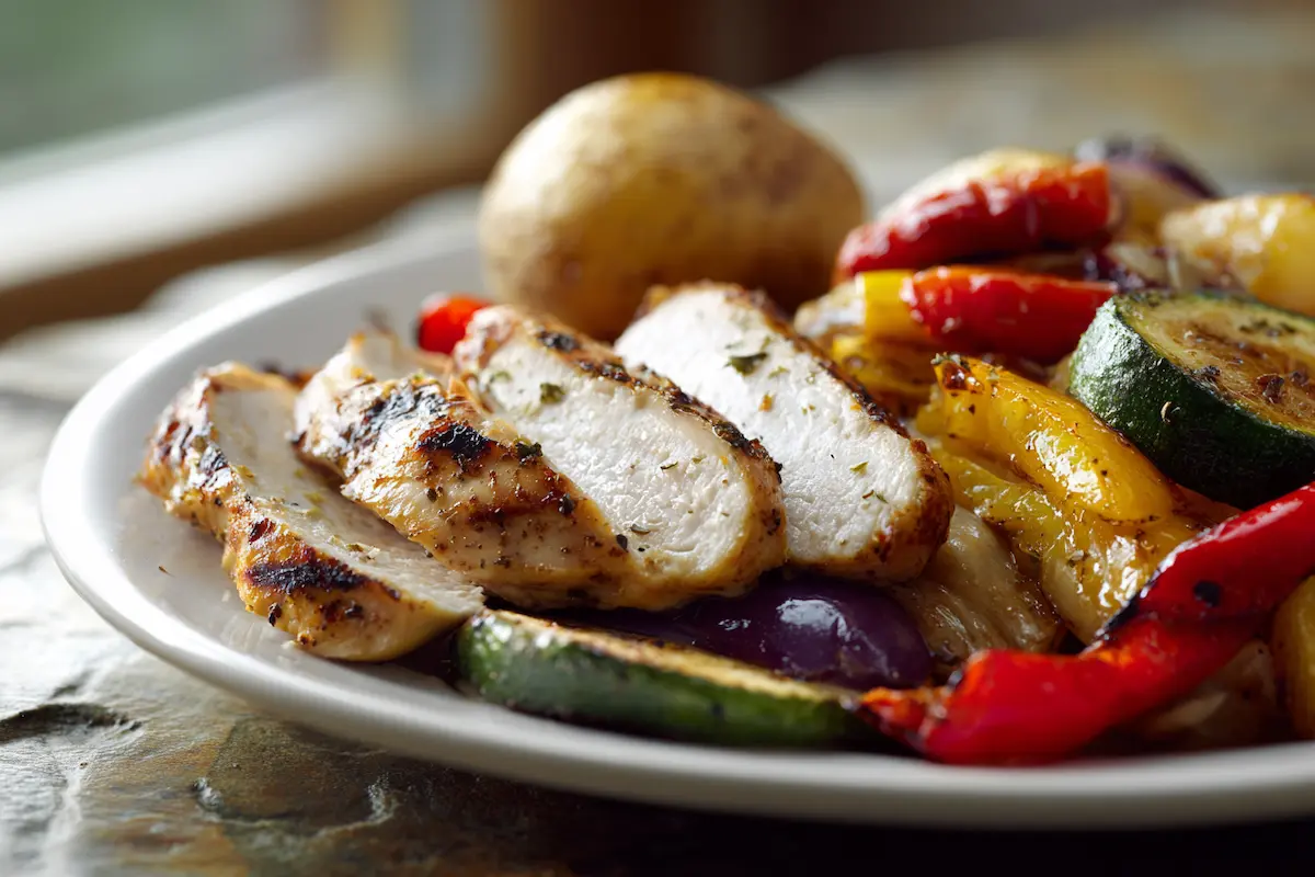 Close-up of a balanced plate with protein, vegetables and a small baked potato to help quiet food noise.