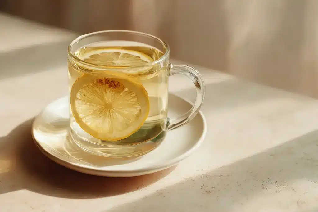 Close-up of a clear mug of herbal tea with lemon on a white saucer to quiet food noise at night.