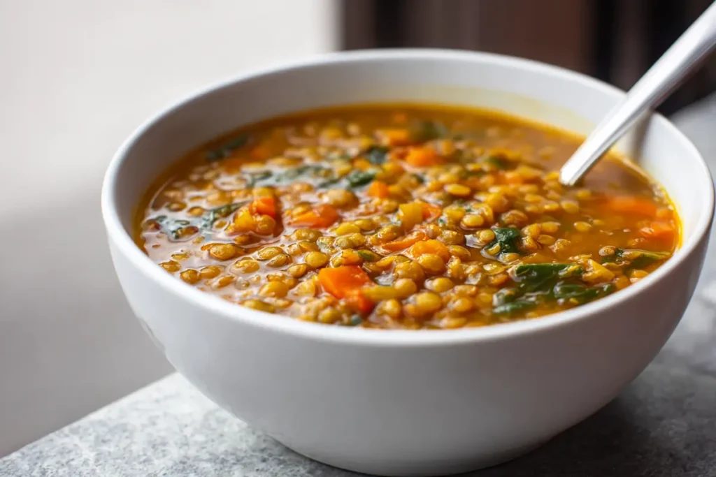 White bowl of lentil vegetable soup on a pale counter as a high-fibre meal to quiet food noise.