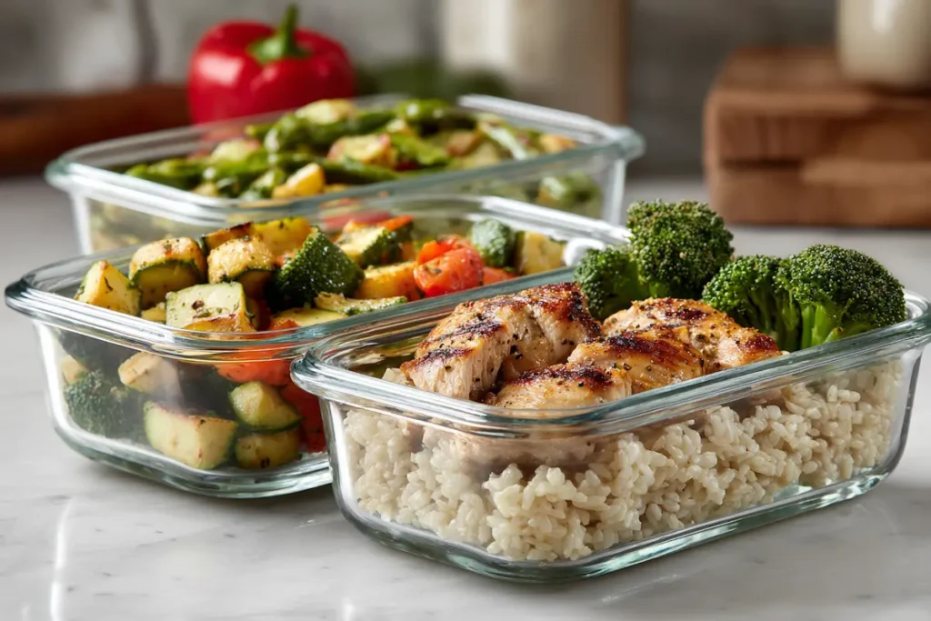 Close-up of glass meal prep containers filled with balanced meals to quiet food noise.