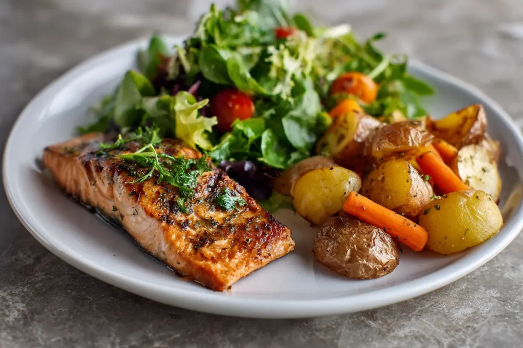 White plate divided visually into vegetables, protein and carbs to quiet food noise.