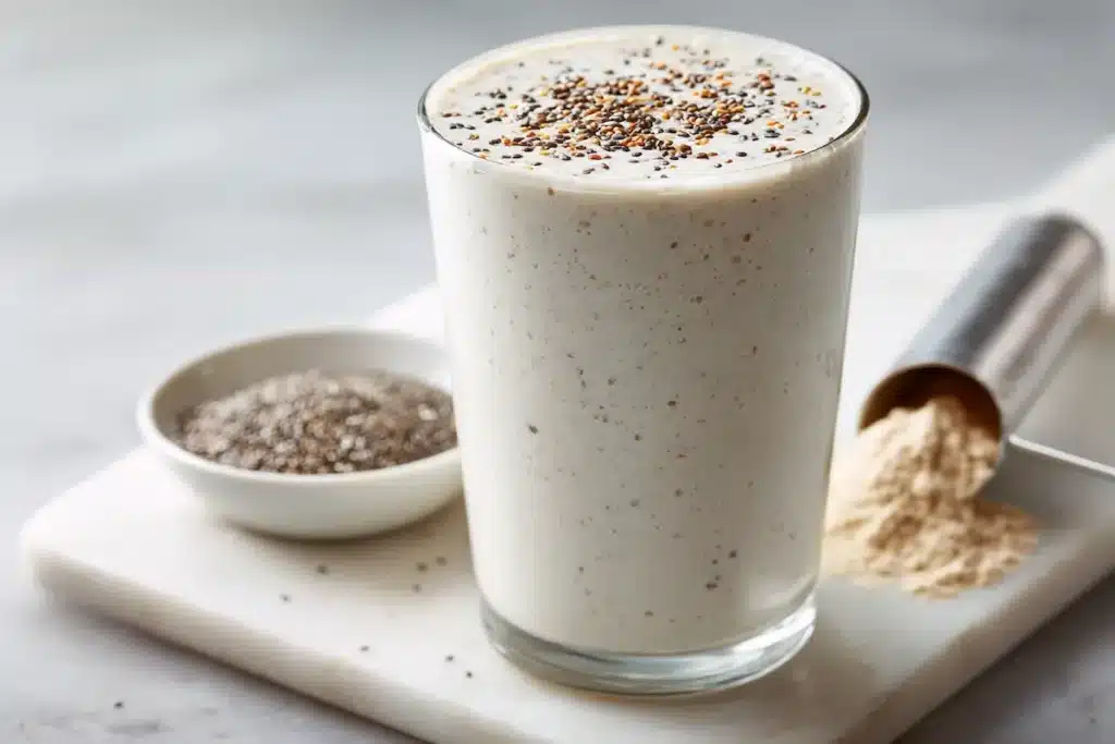 Glass of creamy protein shake topped with chia seeds on a pale counter to quiet food noise.