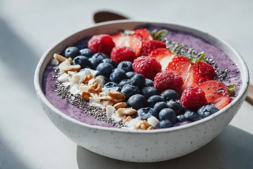 Zoomed-in smoothie bowl topped with berries, chia and nuts to help quiet food noise.
