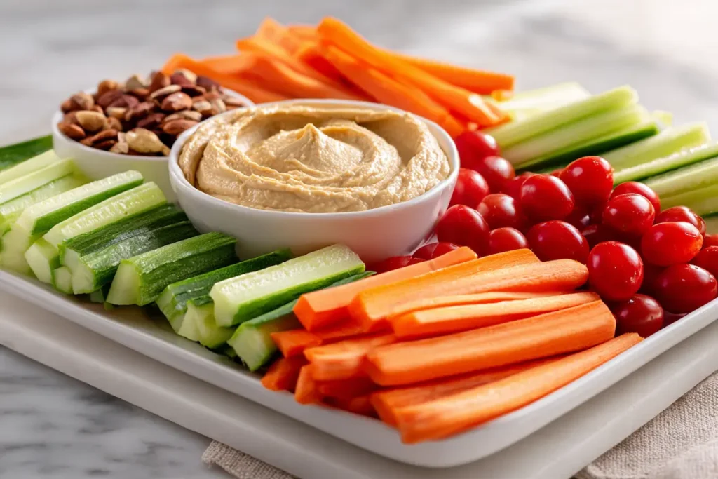 Assorted nuts, chopped vegetables and hummus arranged on a white platter to quiet food noise.