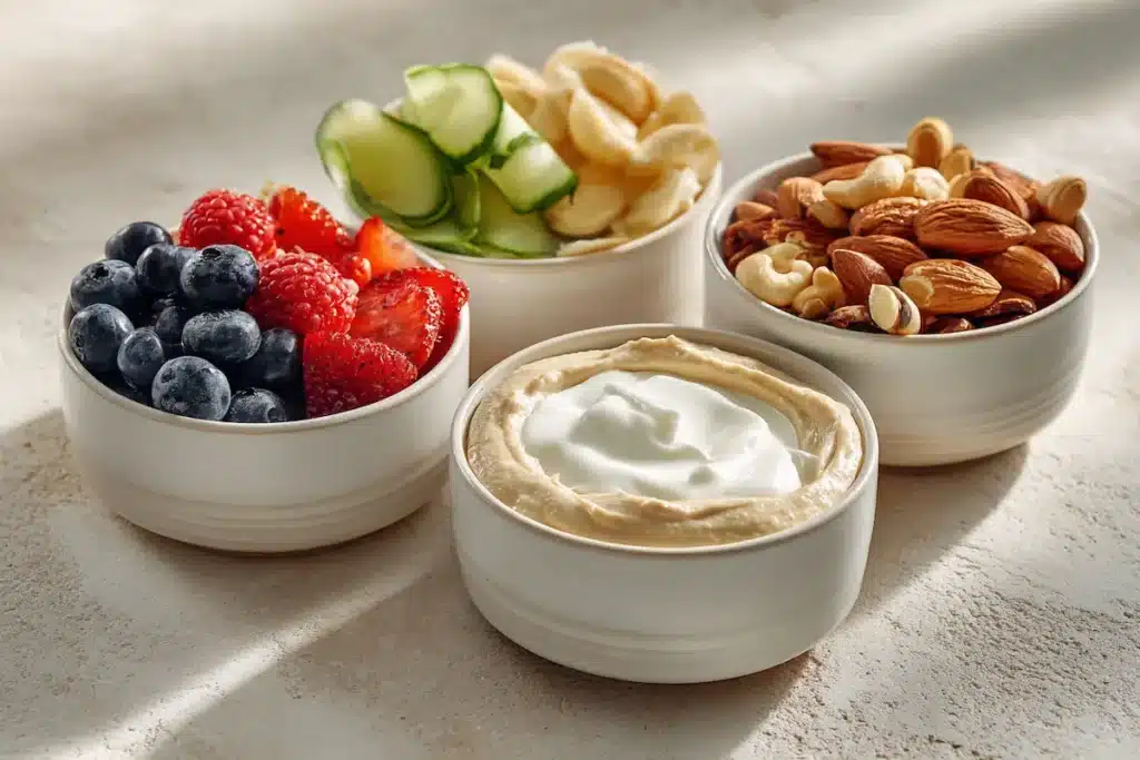 Small white bowls filled with nuts, berries and yogurt as prepared snacks to quiet food noise.