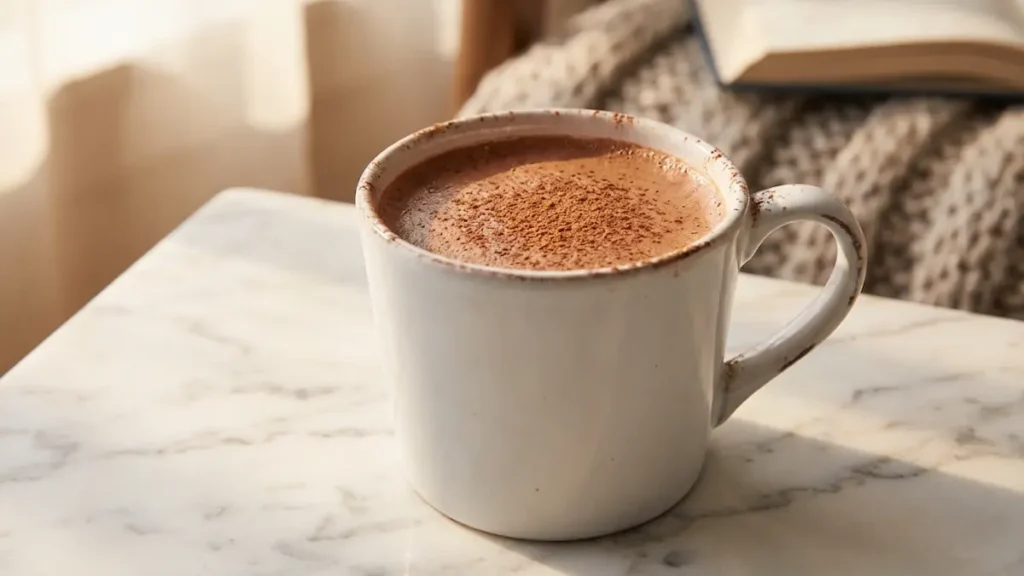 Sea moss trick recipe cocoa bedtime drink warm almond milk chocolate brown in white ceramic mug