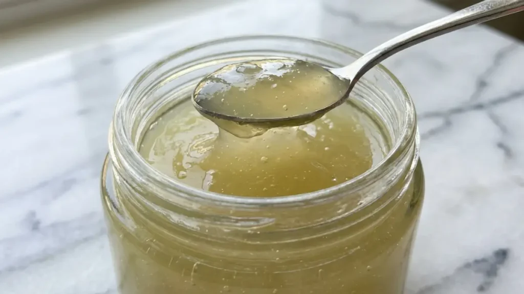 Sea moss trick recipe gel close-up texture glossy scoopable pale green in glass jar