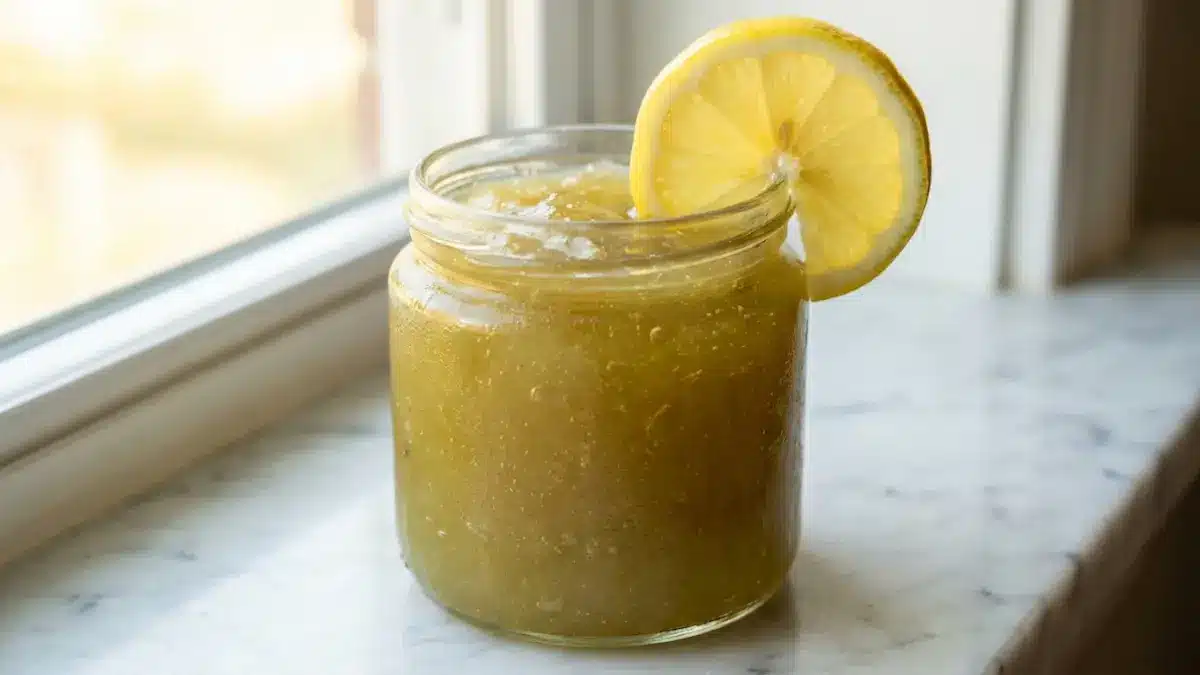 Sea moss trick recipe golden gel tonic in clear glass with lemon slice on white marble surface