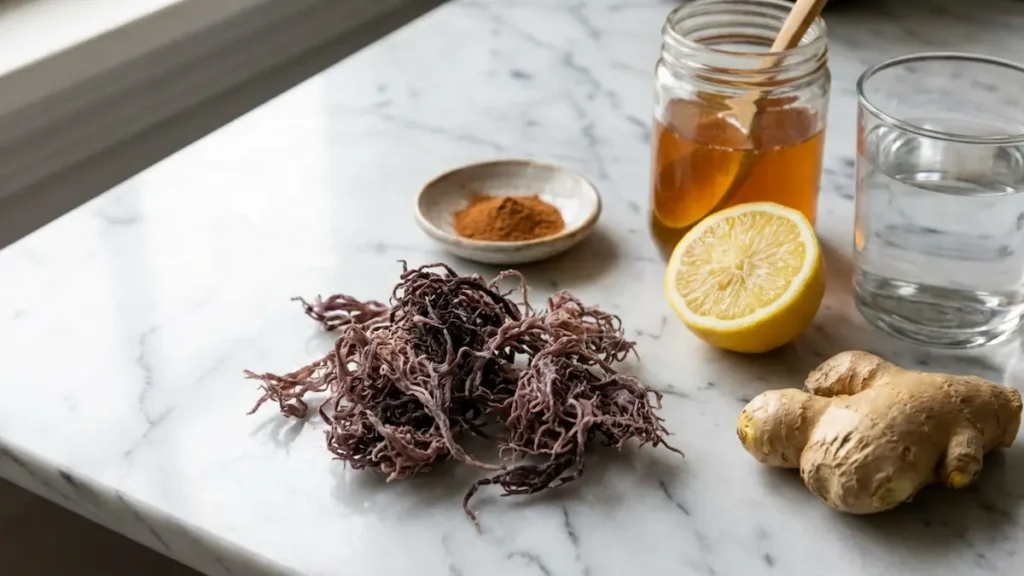Sea moss trick recipe dried Irish sea moss with lemon ginger cinnamon honey on white marble