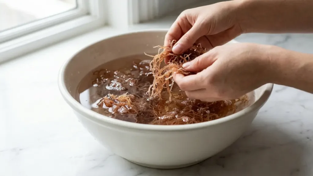 Sea moss trick recipe dried Irish sea moss being rinsed in clear water in white ceramic bowl