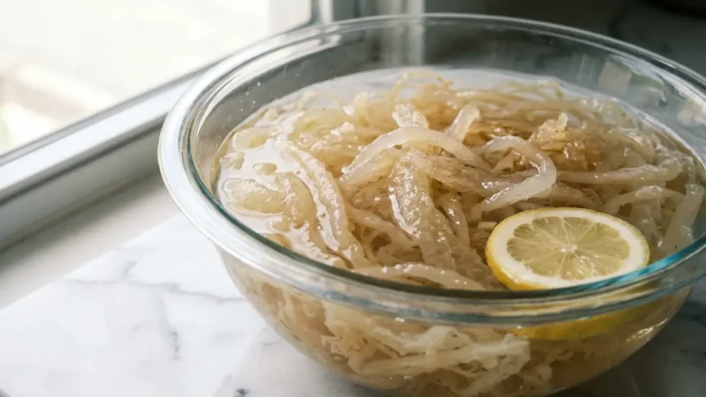 Sea moss trick recipe Irish sea moss soaking overnight in glass bowl expanding in filtered water
