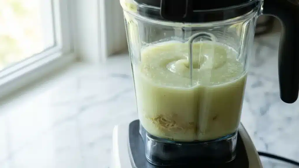 Sea moss trick recipe blending soaked Irish moss with water into smooth green gel in blender