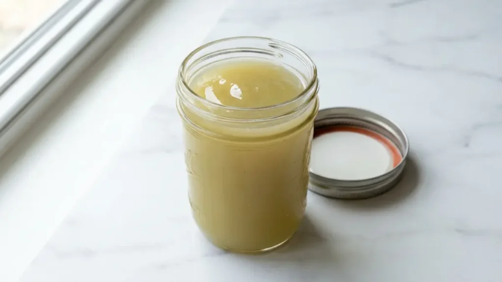 Sea moss trick recipe smooth pale green gel stored in glass mason jar on white marble