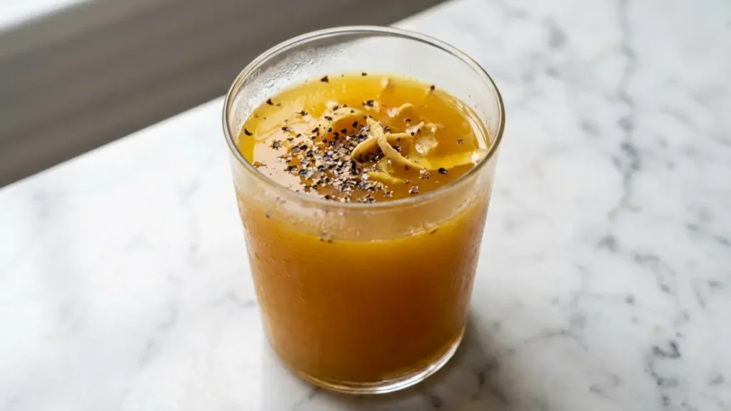 Sea moss trick recipe turmeric ginger glow version golden tonic in clear glass with black pepper