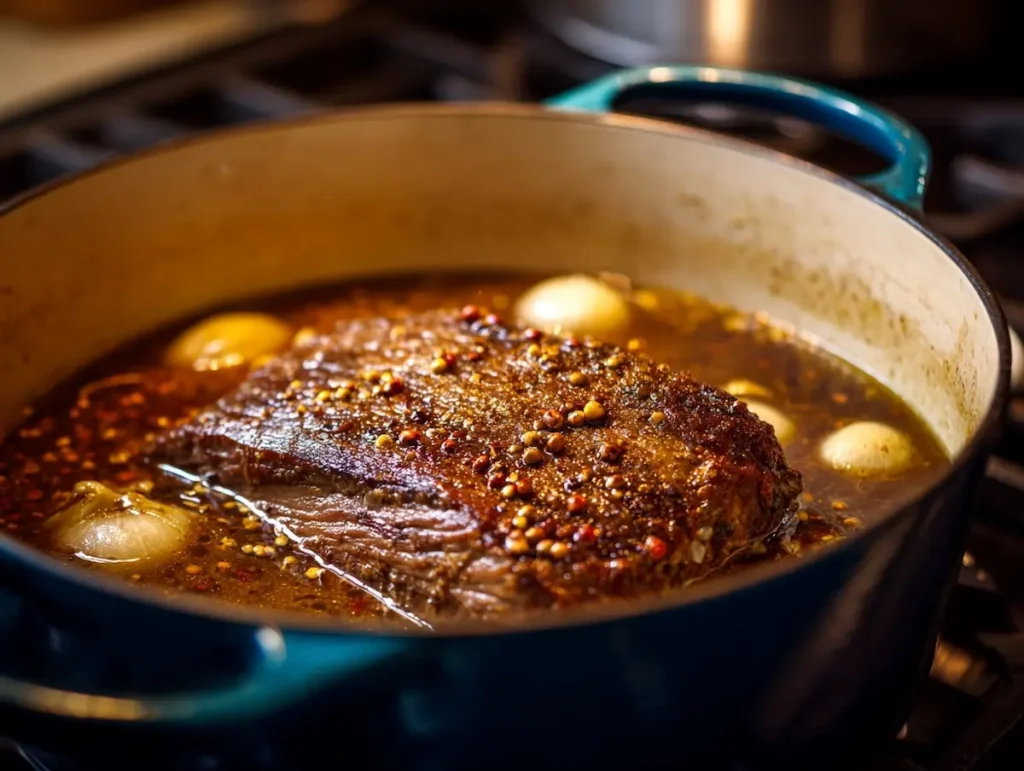 corned beef and cabbage recipe brisket simmering in dutch oven