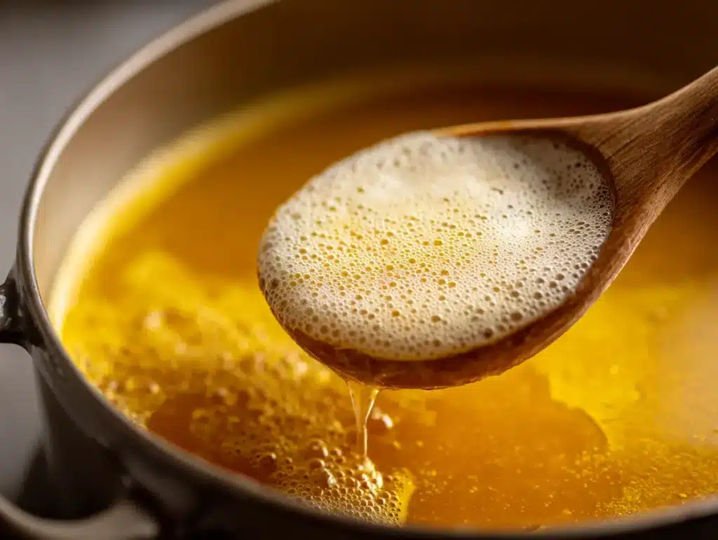 Detailed close up of foam being skimmed from bone broth turmeric ginger