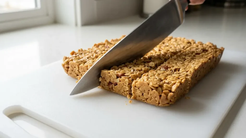 Slicing homemade cereal bar recipe on a white cutting board with sharp knife.