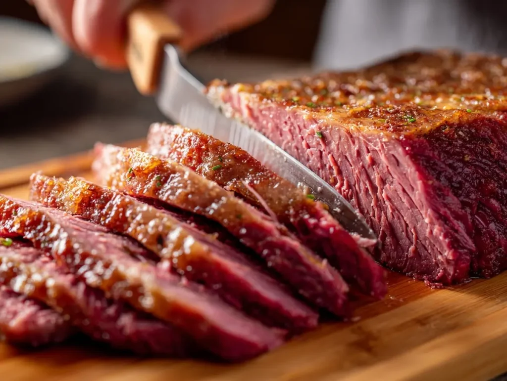chef slicing corned beef against the grain for corned beef and cabbage recipe