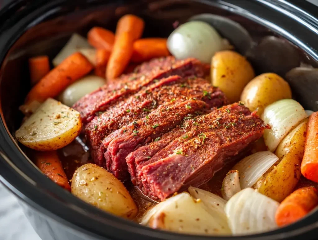 crock pot corned beef and cabbage recipe ingredients layered in slow cooker