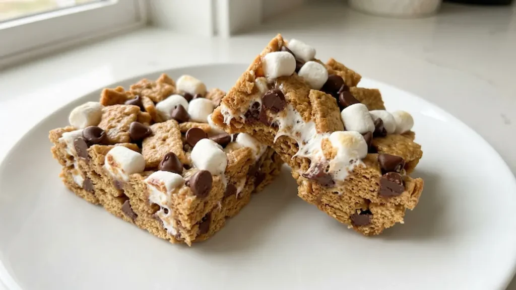No-bake s'mores cereal bar recipe with marshmallows and chocolate chips on white plate.