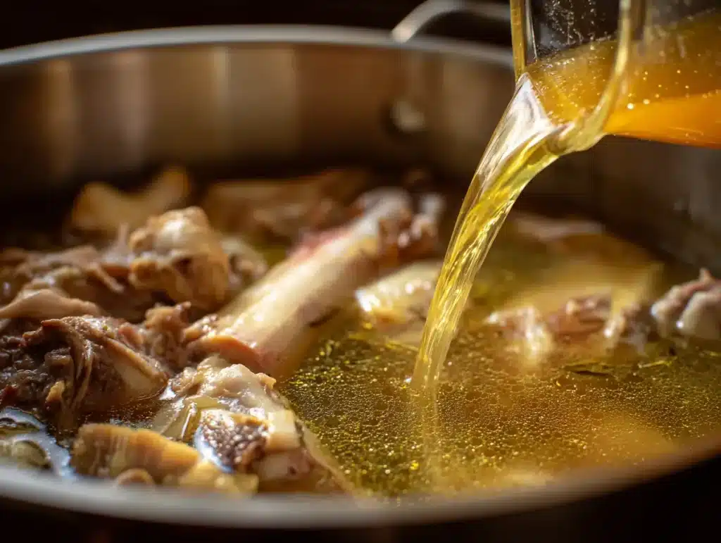 Close shot of bones soaking in water and vinegar for bone broth turmeric ginger