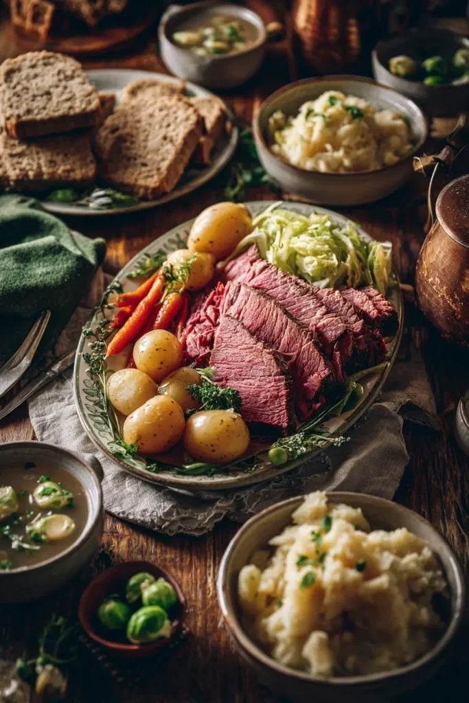 st patrick's day corned beef and cabbage recipe feast on table