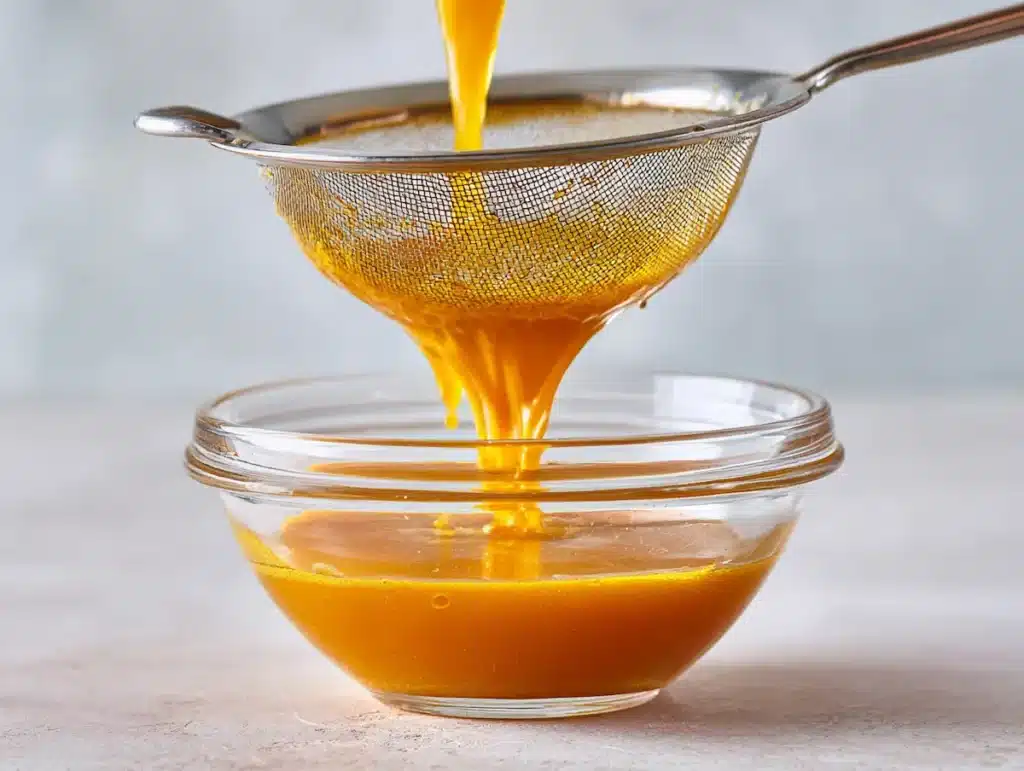 Close shot of bone broth turmeric ginger being strained through a sieve